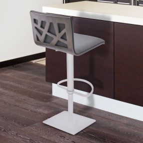 Armen Living Crystal Adjustable Swivel Barstool In Gray Faux Leather With Brushed Stainless Steel Finish And Gray Walnut Veneer Back
