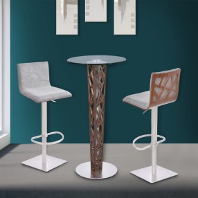 Armen Living Crystal Bar Table with Walnut Veneer column and Brushed Stainless Steel finish with Clear Tempered Glass Top