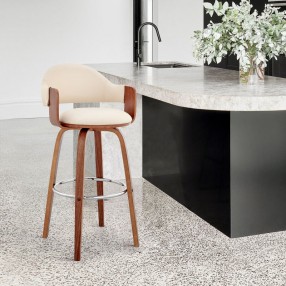 Armen Living Daxton 26" Cream Faux Leather and Walnut Wood Bar Stool
