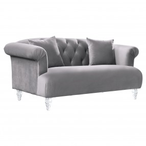 Elegance Contemporary Loveseat in Grey Velvet with Acrylic Legs - Angled