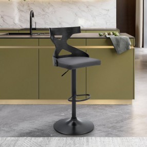 Armen Living Etienne Adjustable Swivel Gray Faux Leather and Black Metal Bar Stool