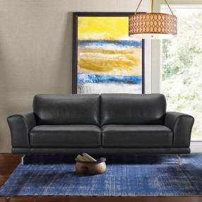 Armen Living Everly Contemporary Sofa in Genuine Black Leather with Brushed Stainless Steel Legs