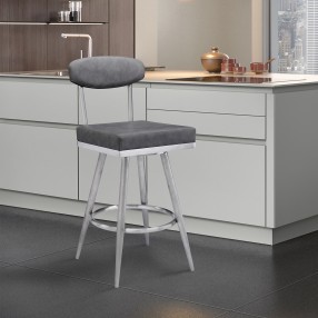 Evan Contemporary 26" Counter Height Barstool in Brushed Stainless Steel Finish and Vintage Grey Faux Leather