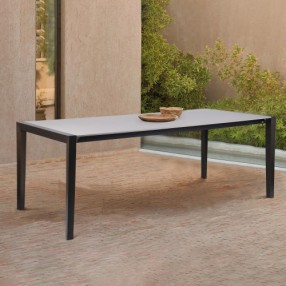 Armen Living Fineline Indoor Outdoor 80" Rectangle Dining Table in Dark Eucalyptus Wood and Super Stone
