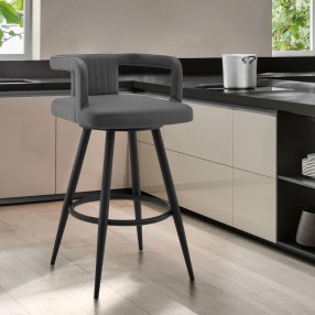 Armen Living Gabriele Gray Faux Leather and Black Metal Swivel Bar Stool