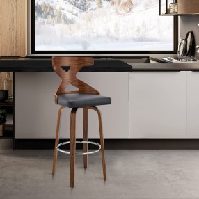 Armen Living Gayle Swivel Cross Back Grey Faux Leather and Walnut Wood Bar Stool