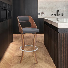 Armen Living Grady Swivel Gray Faux Leather and Walnut Wood Bar Stool