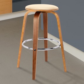Armen Living Harbor 26" Counter Height Backless Swivel Cream Faux Leather and Walnut Wood Mid-Century Modern Bar Stool