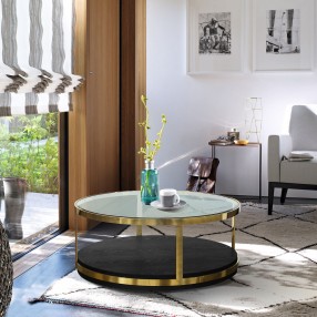 Armen Living Hattie Contemporary Coffee Table in Brushed Gold Finish and Black Wood - Lifestyle