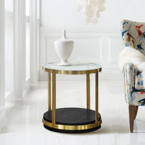 Hattie Contemporary End Table in Brushed Gold Finish and Black Wood - Lifestyle