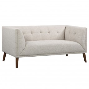 Armen Living Hudson Mid-Century Button-Tufted Loveseat in Beige Linen and Walnut Legs - Angled