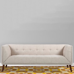 Armen Living Hudson Mid-Century Button-Tufted Sofa in Beige Linen and Walnut Legs
