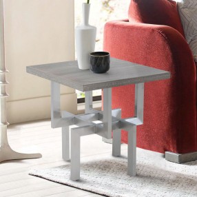 Armen Living Illusion Gray Wood End Table with Brushed Stainless Steel Base