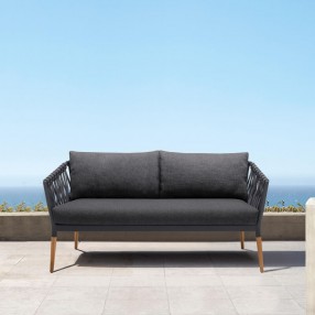 Armen Living Ipanema Outdoor Teak Wood and Rope Sofa with Dark Grey Olefin
