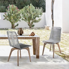Armen Living Island Outdoor Light Eucalyptus Wood And Grey Rope Dining Chairs