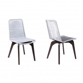 Island Outdoor Patio Eucalyptus Wood Dining Chair in Dark Finish with Silver Rope - Set of 2