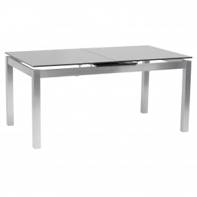 Armen Living Ivan Extension Dining Table in Brushed Stainless Steel and Gray Tempered Glass Top - Angled