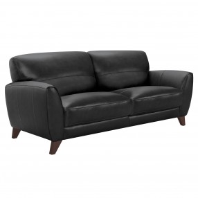 Jedd Contemporary Sofa in Genuine Black Leather with Brown Wood Legs - Angled