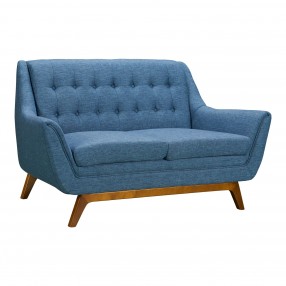 Janson Mid-Century Loveseat in Champagne Wood Finish and Blue Fabric - Angled