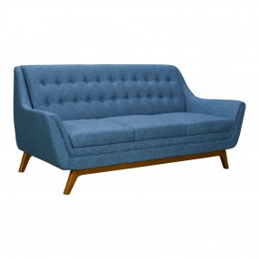 Janson Mid-Century Sofa in Champagne Wood Finish and Blue Fabric - Angled