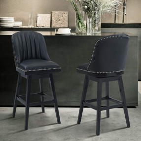 Armen Living Journey 26" Counter Height Swivel Black Faux Leather and Black Wood Bar Stool