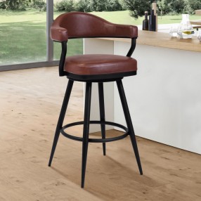 Armen Living Justin Swivel Vintage Coffee Faux Leather Bar Stool with Black Metal Legs