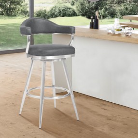 Armen Living Justin Swivel Vintage Grey Faux Leather Bar Stool with Brushed Stainless Steel Legs