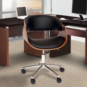 Armen Living Julian Modern Office Chair In Chrome Finish with Black Faux Leather And Walnut Veneer Back 
