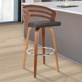 Armen Living Jayden 30" Bar  Height Swivel Brown Faux Leather and Walnut Wood Bar Stool 