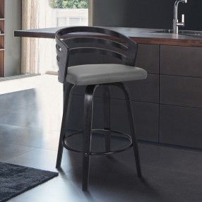 Armen Living Jayden 30" Bar Height Swivel Grey Faux Leather and Black Wood Bar Stool