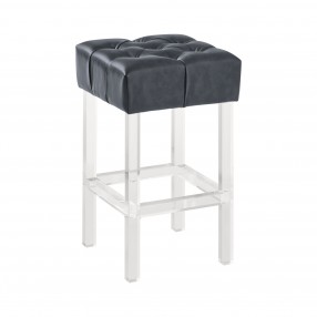 Kara Contemporary 26" Counter Height Barstool in Grey Faux Leather with Acrylic Legs - Angled
