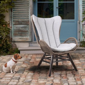 Armen Living King Indoor Outdoor Lounge Chair In Light Eucalyptus Wood With Truffle Rope and Grey Cushion