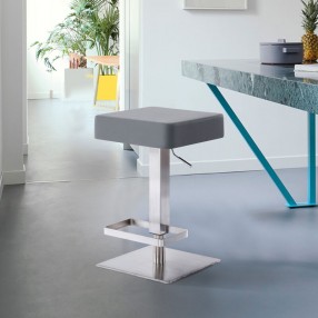 Armen Living Kaylee Adjustable Height Swivel Grey Faux Leather and Brushed Stainless Steel Backless Bar Stool