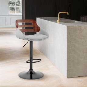 Armen Living Karter Adjustable Gray Faux Leather and Walnut Wood Bar Stool with Black Base