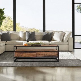 Armen Living Ludgate Rectangle Coffee Table with Shelf in Acacia and Black Metal
