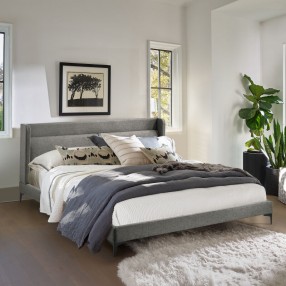 Armen Living Legend Gray Fabric Platform Bed with Black Metal Legs
