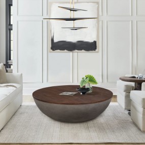Armen Living Melody Round Coffee Table in Concrete and Brown Brushed Oak Wood