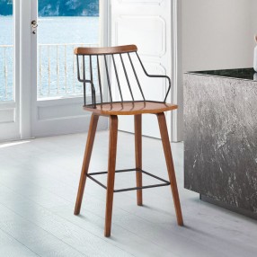 Armen Living Micah Walnut And Metal Modern 26" Counter Height Bar Stool In Black Powder Coated Footrest/Back
