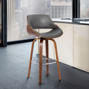 Armen Living Mona Contemporary Counter Height Swivel Barstool In Walnut Wood Finish And Gray Faux Leather 