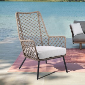Armen Living Marco Indoor Outdoor Steel Lounge Chair with Truffle Rope and Grey Cushion