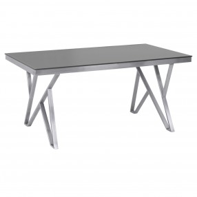 Armen Living Mirage Contemporary Dining Table in Brushed Stainless Steel and Gray Tempered Glass Top - Angled