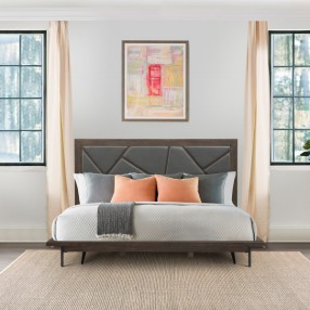 Armen Living Marquis Platform Bed Frame in Oak Wood with Faux Leather Headboard and Black Metal Legs