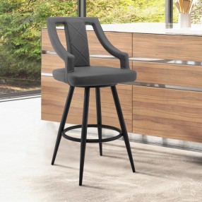 Armen Living Maxen Gray Faux Leather And Black Metal Swivel Counter Stool 