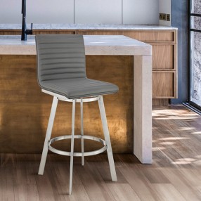 Armen Living Nikole Swivel Bar Stool In Brushed Stainless Steel Finish And Gray Faux Leather