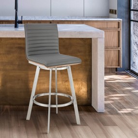 Armen Living Nikole Walnut Swivel Bar Stool In Brushed Stainless Steel Finish And Gray 