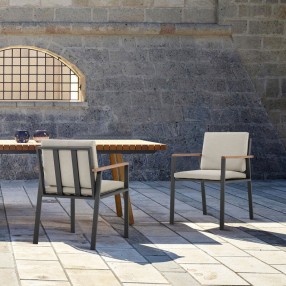 Armen Living Nofi Outdoor Patio Dining Chair In Charcoal Finish With Taupe Cushions And Teak Wood Accent Arms