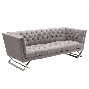 Armen Living Odyssey Sofa in Brushed Stainless Steel finish with Grey Tweed and Black Nail Heads - Angled