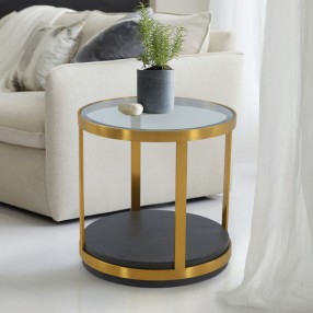 Armen Living Hattie Glass Top and Walnut Wood End Table with Brushed Gold Frame