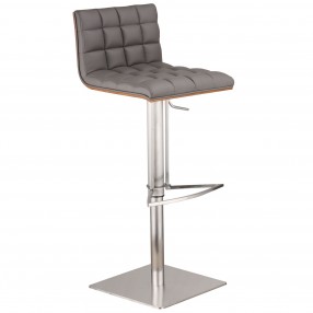 Oslo Adjustable Brushed Stainless Steel Barstool in Gray Faux Leather with Walnut Back - Angled