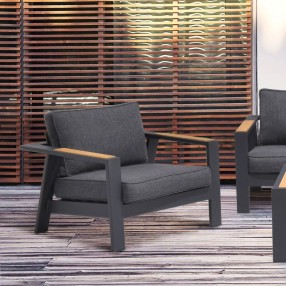 Armen Living Palau Outdoor Chair in Dark Grey with Natural Teak Wood Accent and Cushions